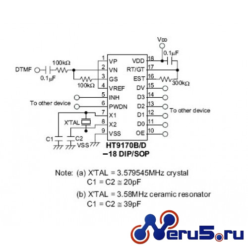 HT9170D декодер DTMF (тоновый сигнал в телефонии) SOP-18 фото 6